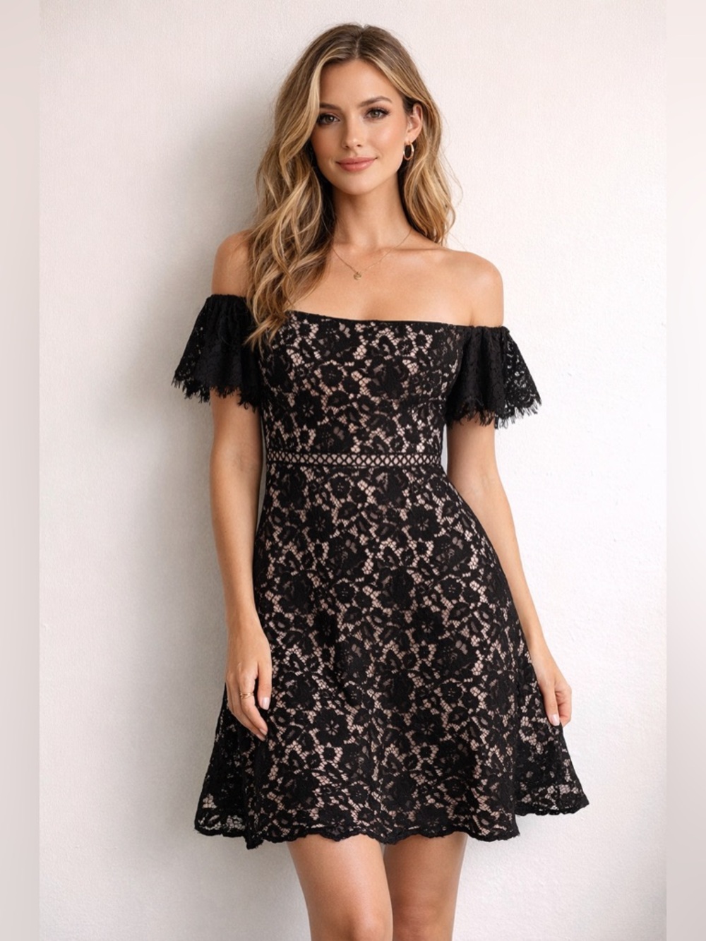 J.Crew Black Lace Fit & Flare Cocktail Dress Flutter Sleeve Size 00